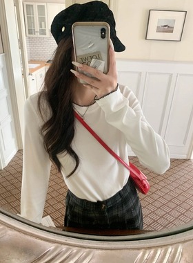 3th Morning 小众设计 撞色花边刺绣圆领显瘦长袖T恤