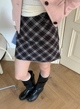 3th Morning 复古艺术生 小个子格纹撞色毛呢半身短裙