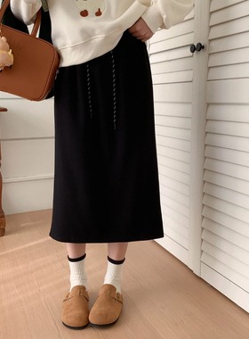 3th Morning 后开衩设计 垂感高腰抽绳加厚毛呢半身裙