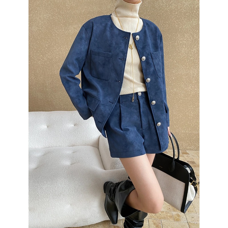 司南 中古私服 复古感仿麂皮绒圆领外套A字短裤两件套装