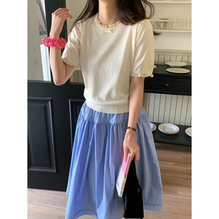 3th Morning 韩女天菜 蕾丝边拼接丝光羊毛针织衫短袖