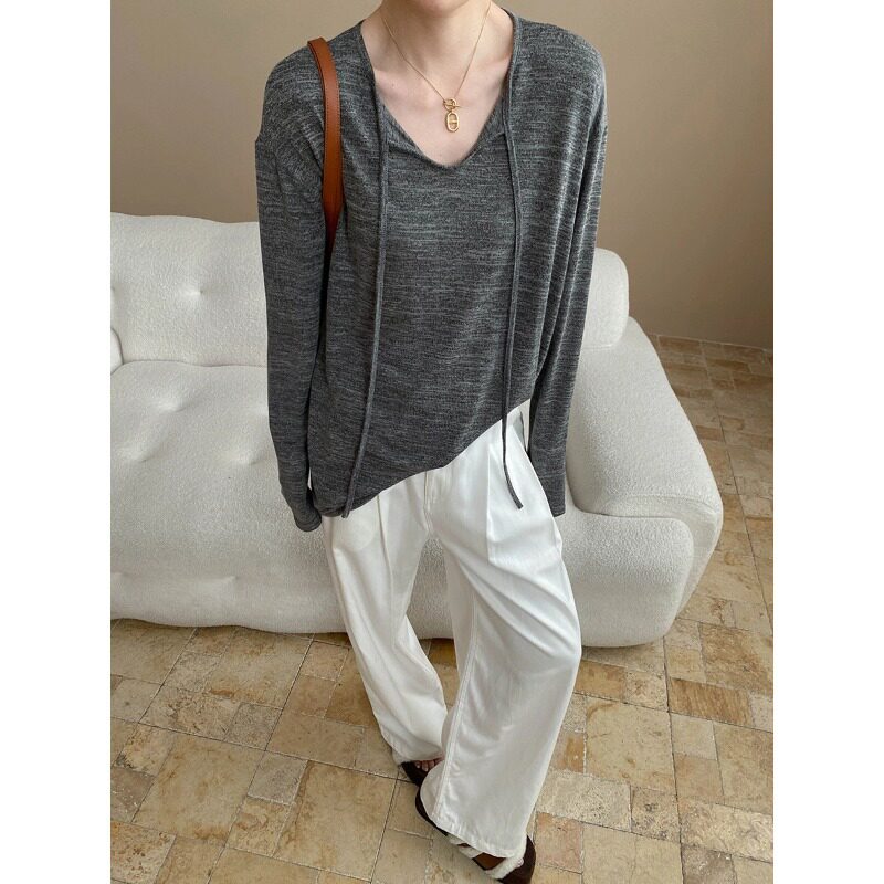 司南 小众设计感 老钱松弛感系带V领宽松显瘦针织衫T恤