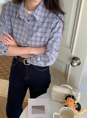 3th Morning 辛基书屋 韩系复古格纹翻领宽松长袖衬衫