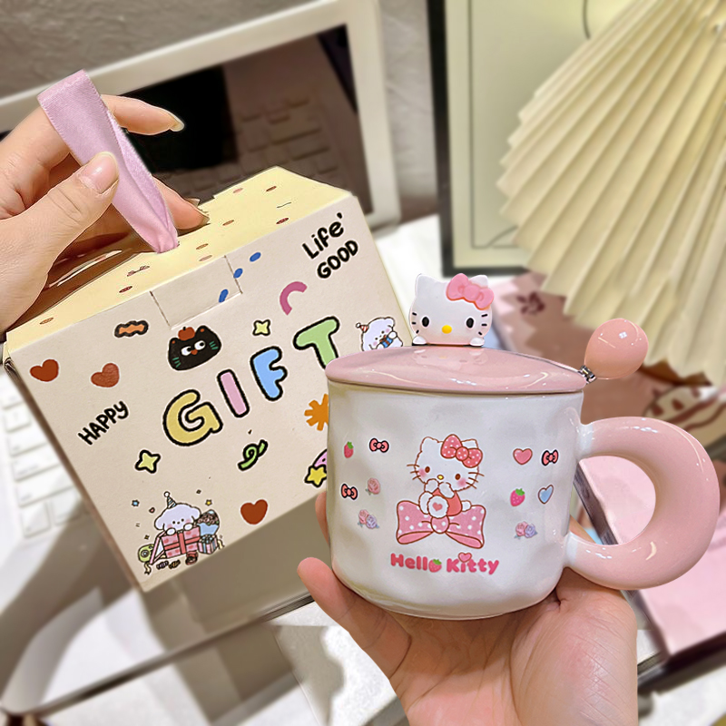 可爱猫咪陶瓷马克杯带盖高颜值水杯家用早餐杯送女友生日实用礼物