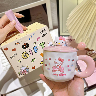 可爱猫咪陶瓷马克杯带盖高颜值水杯家用早餐杯送女友生日实用礼物