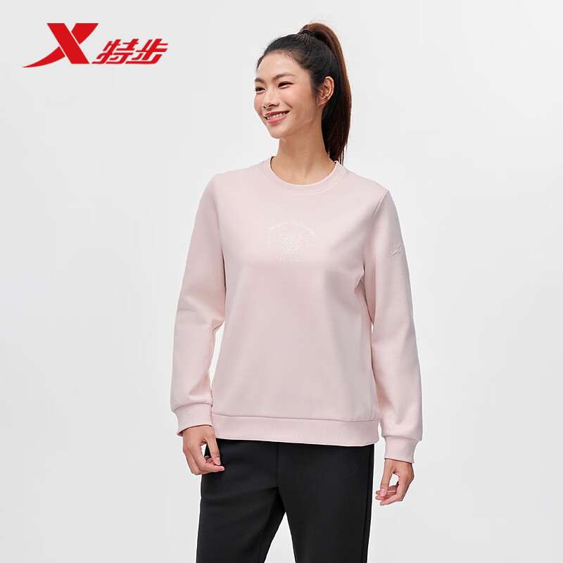 特步训练卫衣女2025冬季抗静电密热绒套头休闲卫衣975428920027