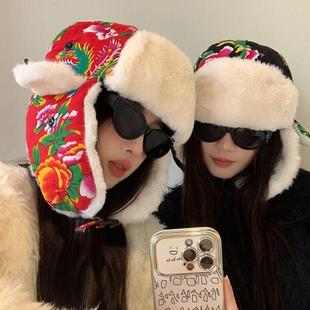 火车头帽子女款骑车保暖加厚雷锋帽男女户外花布滑雪东北帽挡风