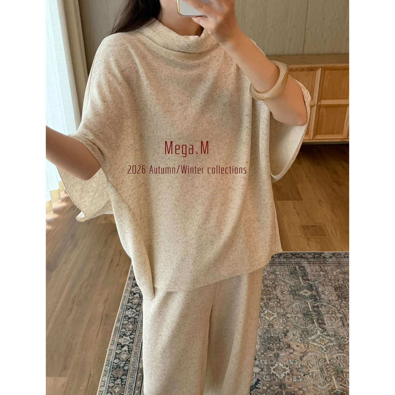 玛格梦 蝙蝠袖中袖套头推推领卫衣女装2026秋季新款宽松羊毛上衣