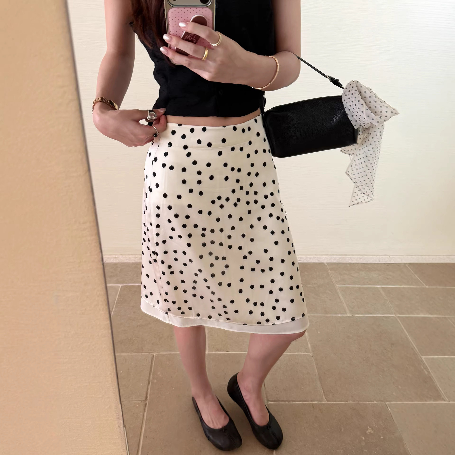 百视旺服饰 高腰缎面波点半身裙女夏季百搭显瘦a字中长款包臀裙子
