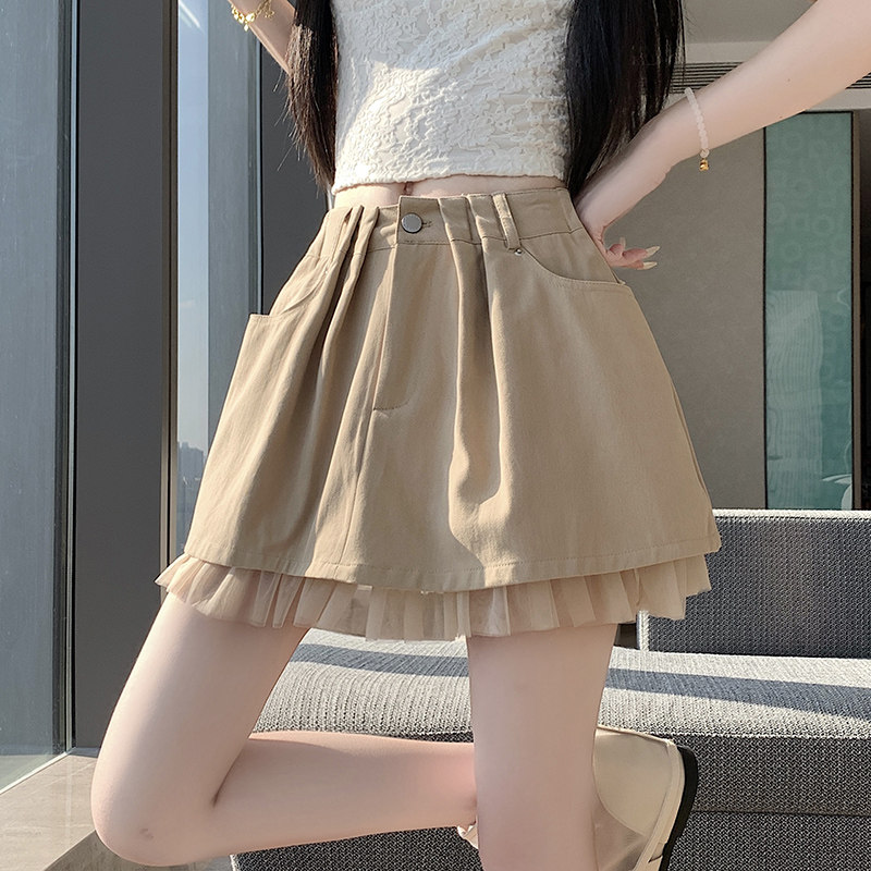 实拍2026新款夏季辣妹牛仔甜纱网纱拼接褶皱牛仔半裙女复古百搭夏