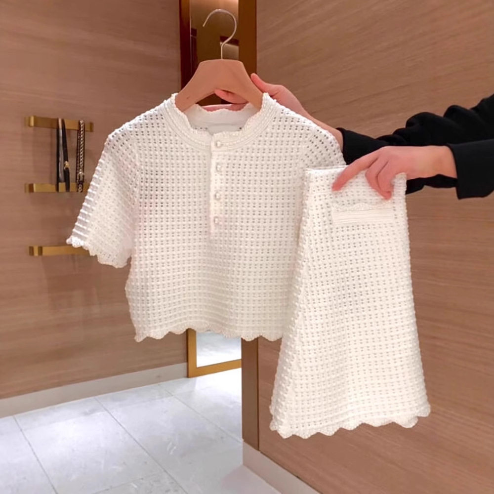 【一件代发】法式小香风套装裙女夏装搭配一整套珍珠领镂空针织衫