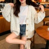 大朗毛衣工厂秋冬优雅淑女白色v领长袖 毛衣 单排扣针织衫