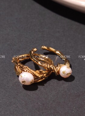 法式复古优雅淡水珍珠戒指开口戒可调金箔点缀绕线镂空显贵轻奢