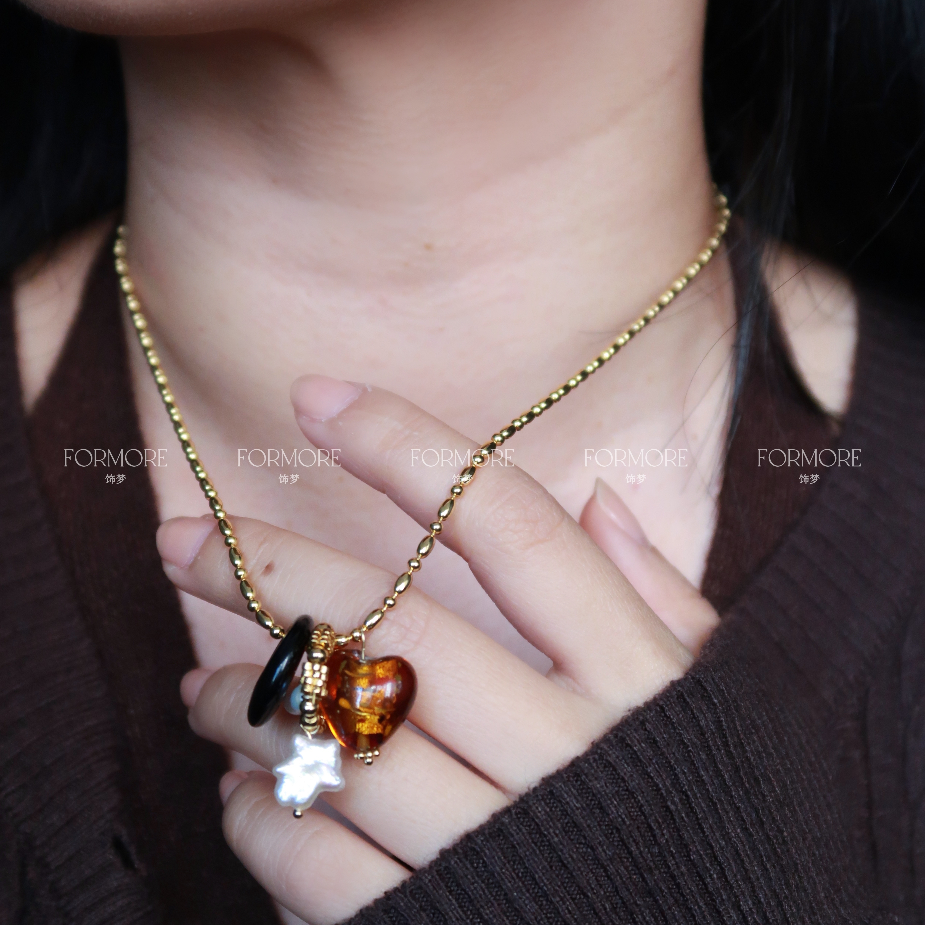 法式复古轻奢琉璃黑曜石珍珠项链