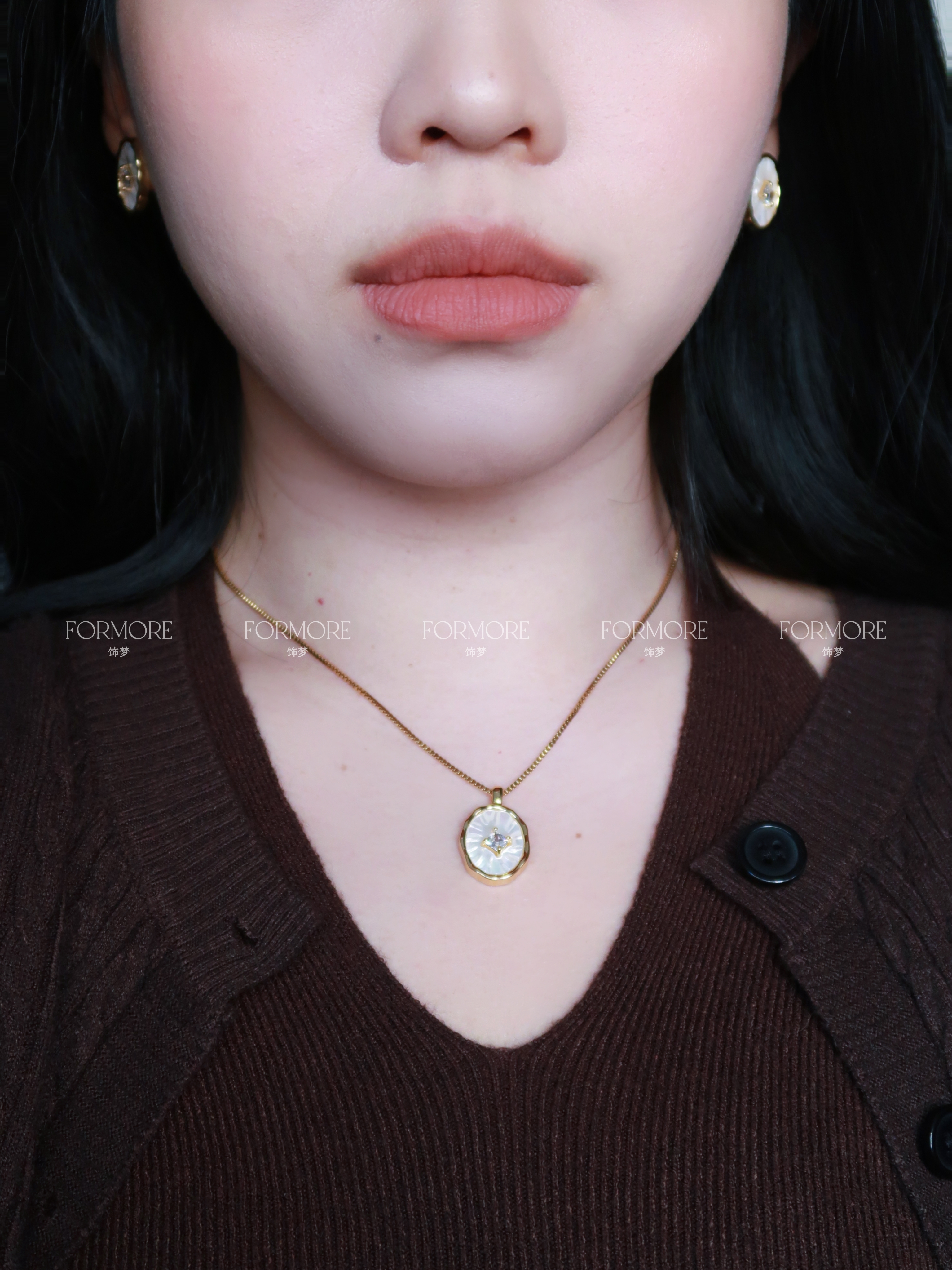 法式复古天然母贝微镶锆石气质优质贝壳项链耳钉女高智感轻奢显贵