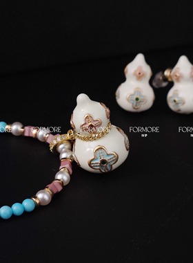 新中式国风葫芦珍珠项链珐琅滴油项链耳钉四叶花高级感施家珍珠