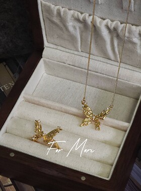 法式复古温柔优雅淑女风锆石微镶蝴蝶吊坠项链戒指铜镀18K金