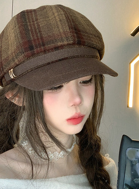 格纹英伦风复古八角帽女秋冬学生百搭显脸小画家帽气质贝雷报童帽