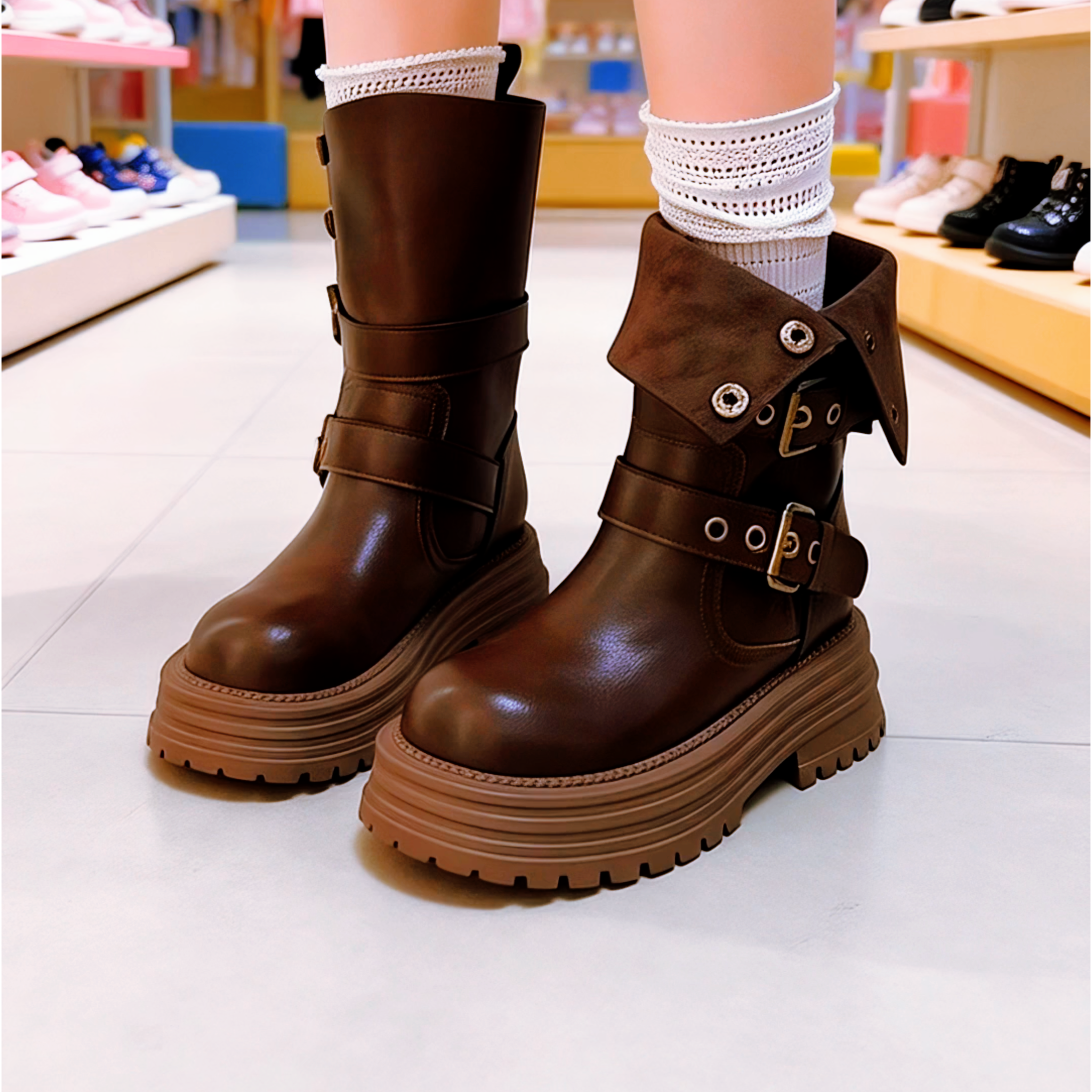 女童鞋子大童 12-15 岁 2025 新款英伦风复古美拉德棕色马丁靴