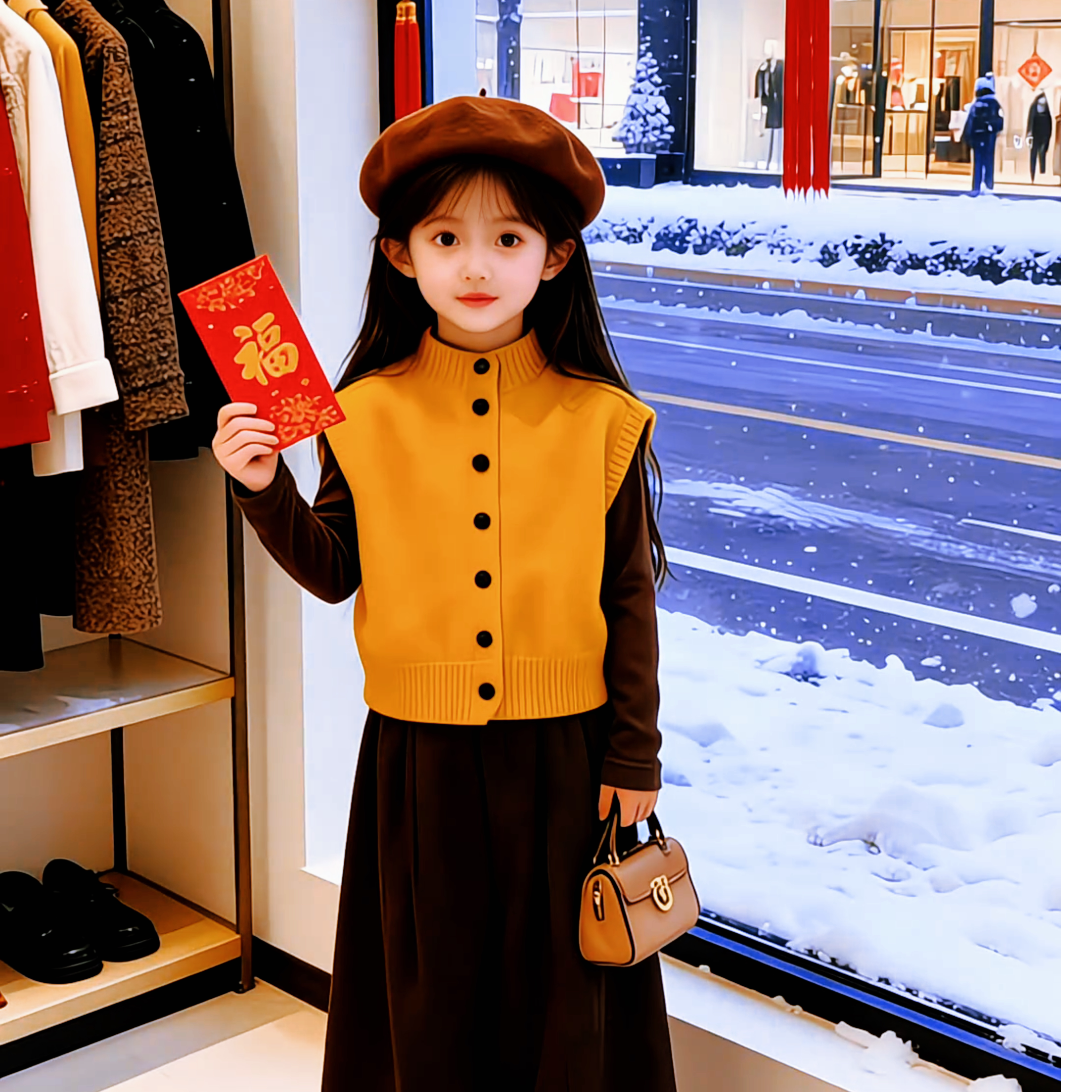 女童三件套装秋冬款过年衣服2025新款加绒加厚美拉德韩系套装