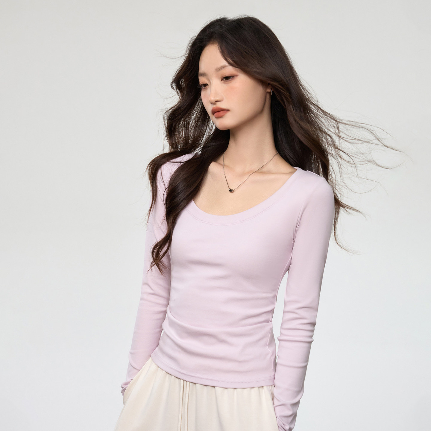 精梳棉U领打底衫女秋季新款