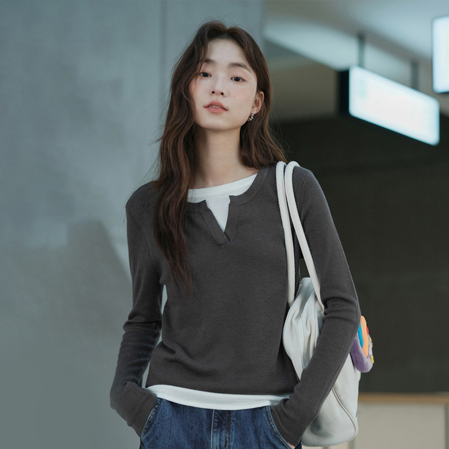 美式假两件长袖T恤女2026新款
