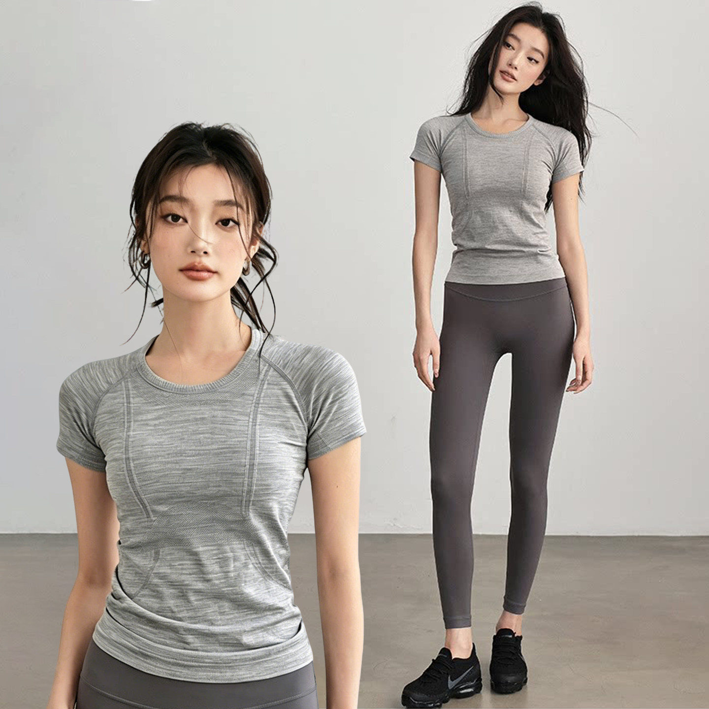 运动正肩短袖T恤女2026新款速干夏季灰色修身瑜伽健身服跑步上衣