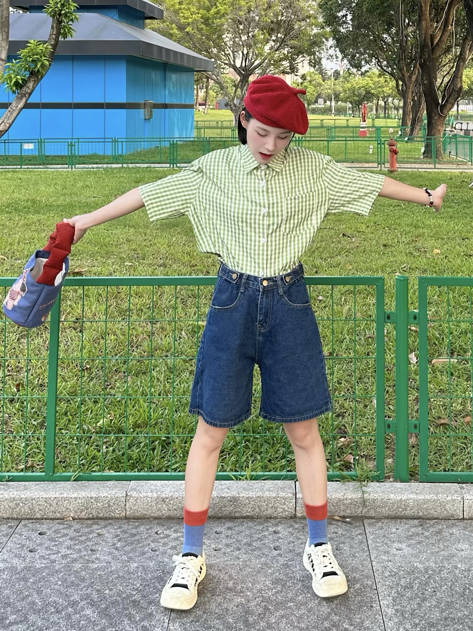 일본식 반팔 셔츠 루즈한 그린 체크무늬 탑 활용도 높은 하이웨이스트 데님 와이드 팬츠 틈새 디자인