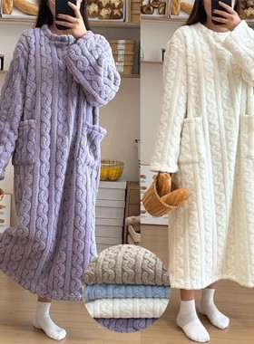 睡衣女冬季法兰绒睡裙女秋冬保暖中长款珊瑚绒可爱加厚学生韩版