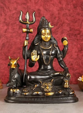 印度国际直邮手工黄铜Shiva湿婆雕像与南迪 9 英寸黑色古董色