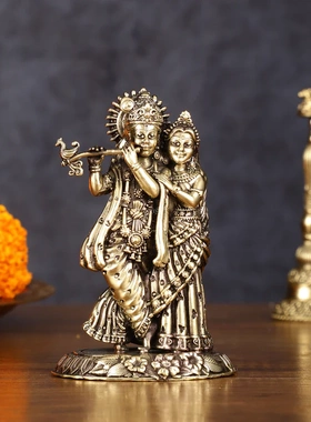 印度国际直邮黄铜精致Radha Krishna达拉和克里希娜雕像 轻质迷你