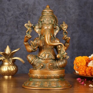 印度手工黄铜Ganesha象头神优雅神像 Murti - 12 英寸 古铜饰面