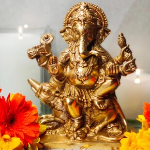 印度手工Mooshak 黄铜偶像上Ganesha 象头神8.5英寸