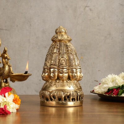 印度国际直邮手工制作湿婆神铜十面头Dasa Shiva 雕塑 - 7.5 英寸