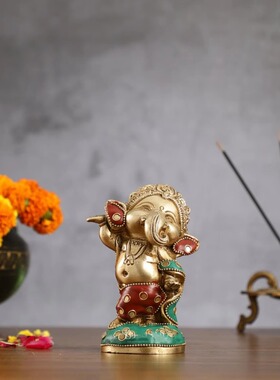 印度国际直邮Ganesha婴儿象头神跳舞黄铜偶像 5 英寸