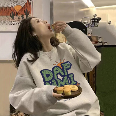 重磅100%纯棉圆领卫衣女冬季加绒加厚宽松百搭学生无帽上衣潮