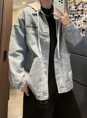 美式复古做旧牛仔夹克男连帽复古风假两件拼接外套JA888-特价P210