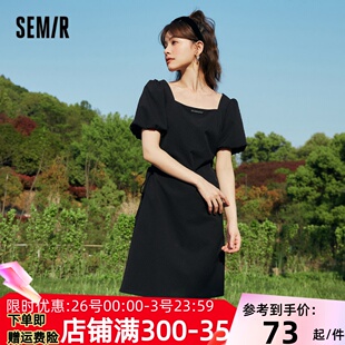森马连衣裙女肌理格子方领短裙夏季泡泡袖露腰小黑裙甜酷