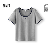 商场同款 森马短袖 T恤女夏撞色U领正肩修身 凉感T 刺绣2026款 上衣M