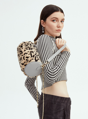 FAROE FOREST新款单肩斜挎手提水桶包豹纹欧美设计圆形包包女士