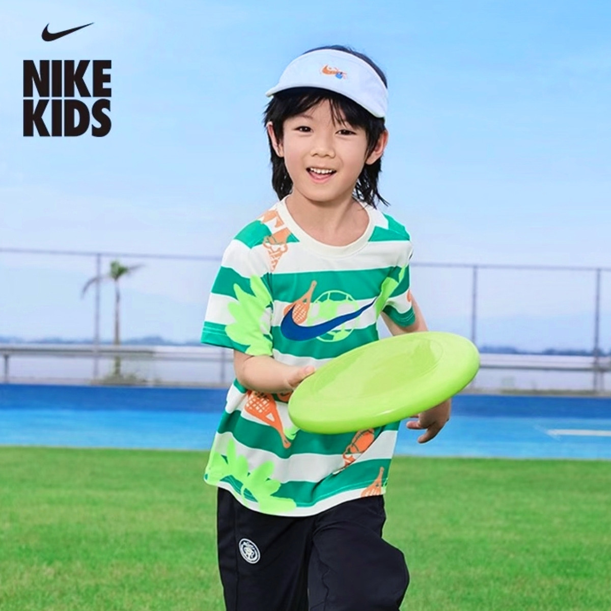 耐克Nike男女童运动白绿条纹卡通印花速干透气短袖T恤HM4639-324