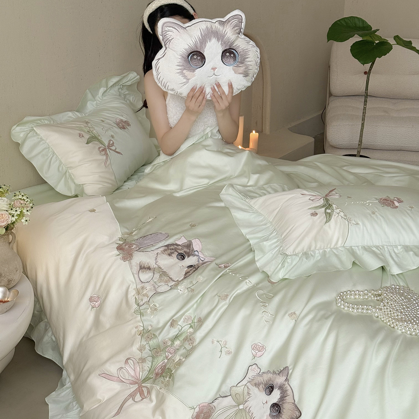 ins可爱少女心全棉100支长绒棉刺绣四件套纯棉花边床单1.2m三件套,床上用品,床品套件/四件套/多件套,淘宝优惠券,粉丝福利购,淘宝优惠卷