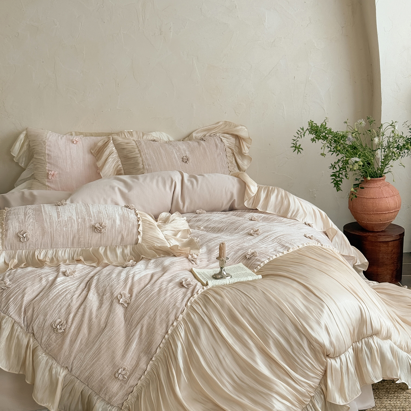 秋冬法式立体花朵云感超柔100支长绒棉全棉磨毛四件套纯棉加厚2m