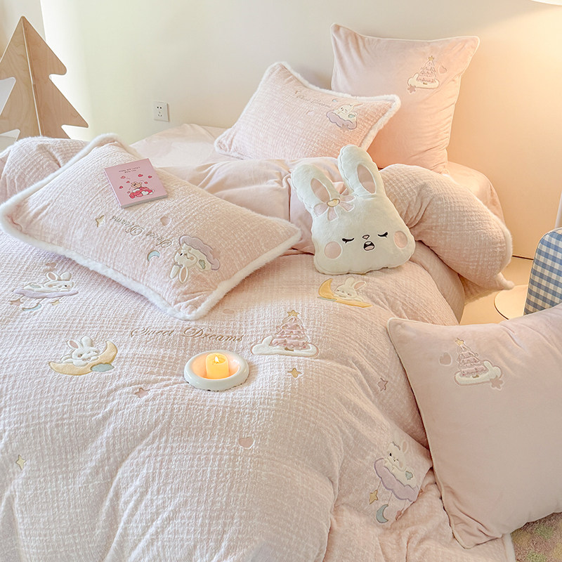 冬季加绒可爱儿童保暖三件套牛奶绒四件套贴布绣珊瑚绒加厚款被套