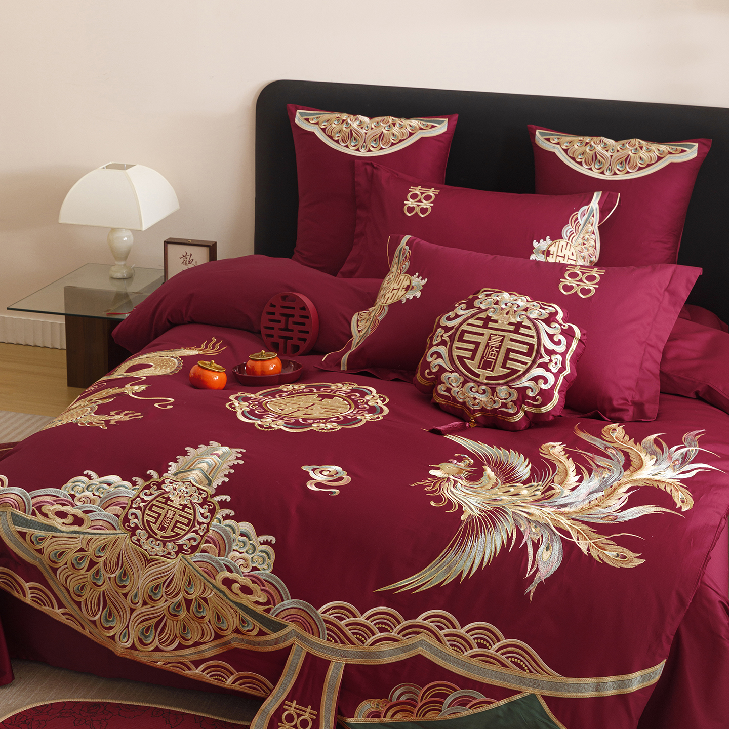 高奢100支长绒棉重工刺绣婚庆四件套红色纯棉喜庆全棉陪嫁床品2m