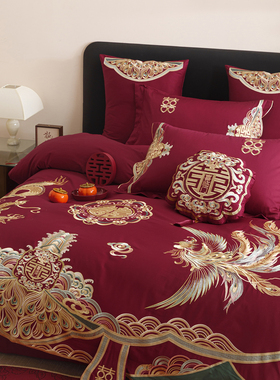 高奢100支长绒棉重工刺绣婚庆四件套红色纯棉喜庆全棉陪嫁床品2m