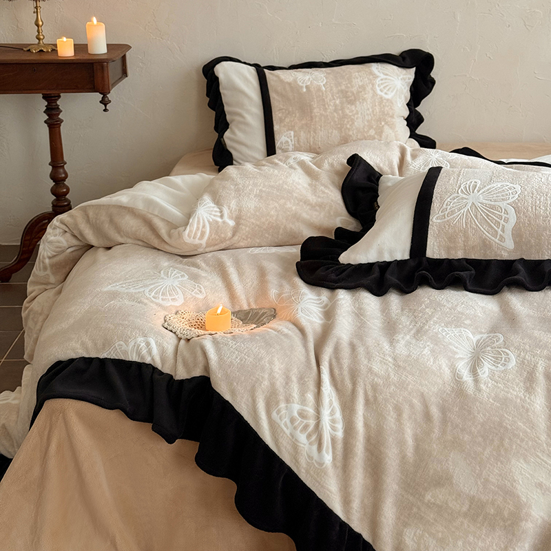 法式高端保暖牛奶绒四件套花边公主风珊瑚绒刺绣可爱儿童加绒床品