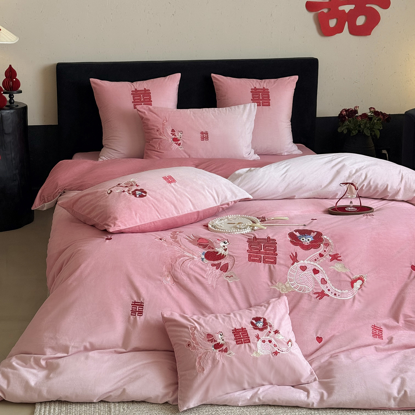 秋冬婚庆牛奶绒床盖款红色加厚保暖四件套珊瑚绒结婚新人房六件套