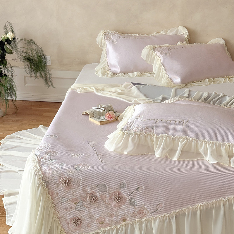 中式夏季高端冰丝凉席三件套刺绣床裙款席子凉感可水洗空调席软席,床上用品,凉席/草席/麻席,淘宝优惠券,粉丝福利购,淘宝优惠卷