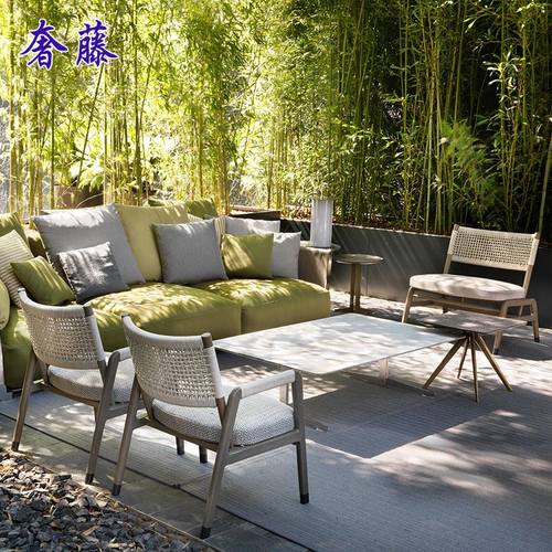 户外阳台桌椅庭院休闲实木藤椅家具室外咖啡厅藤编柚木桌椅三件套